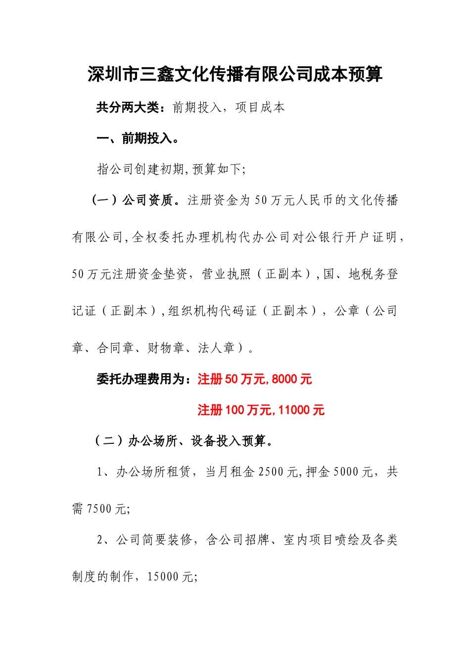 深圳市三鑫文化传播有限公司成本预算_第1页