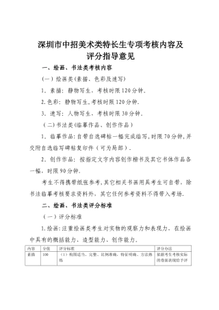 深圳市中招美术类特长生专项考核内容及