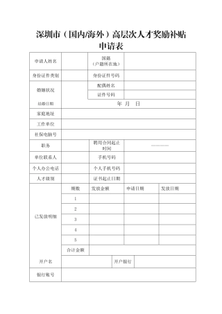 深圳市高层次人才奖励补贴申请表