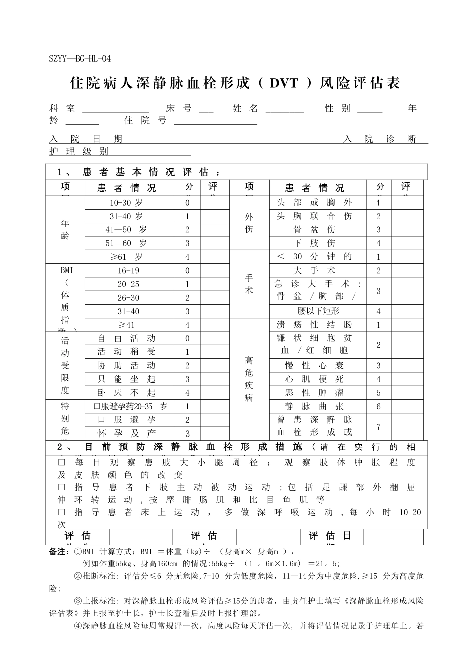 深静脉血栓形成风险因素评估表、上报表_第1页