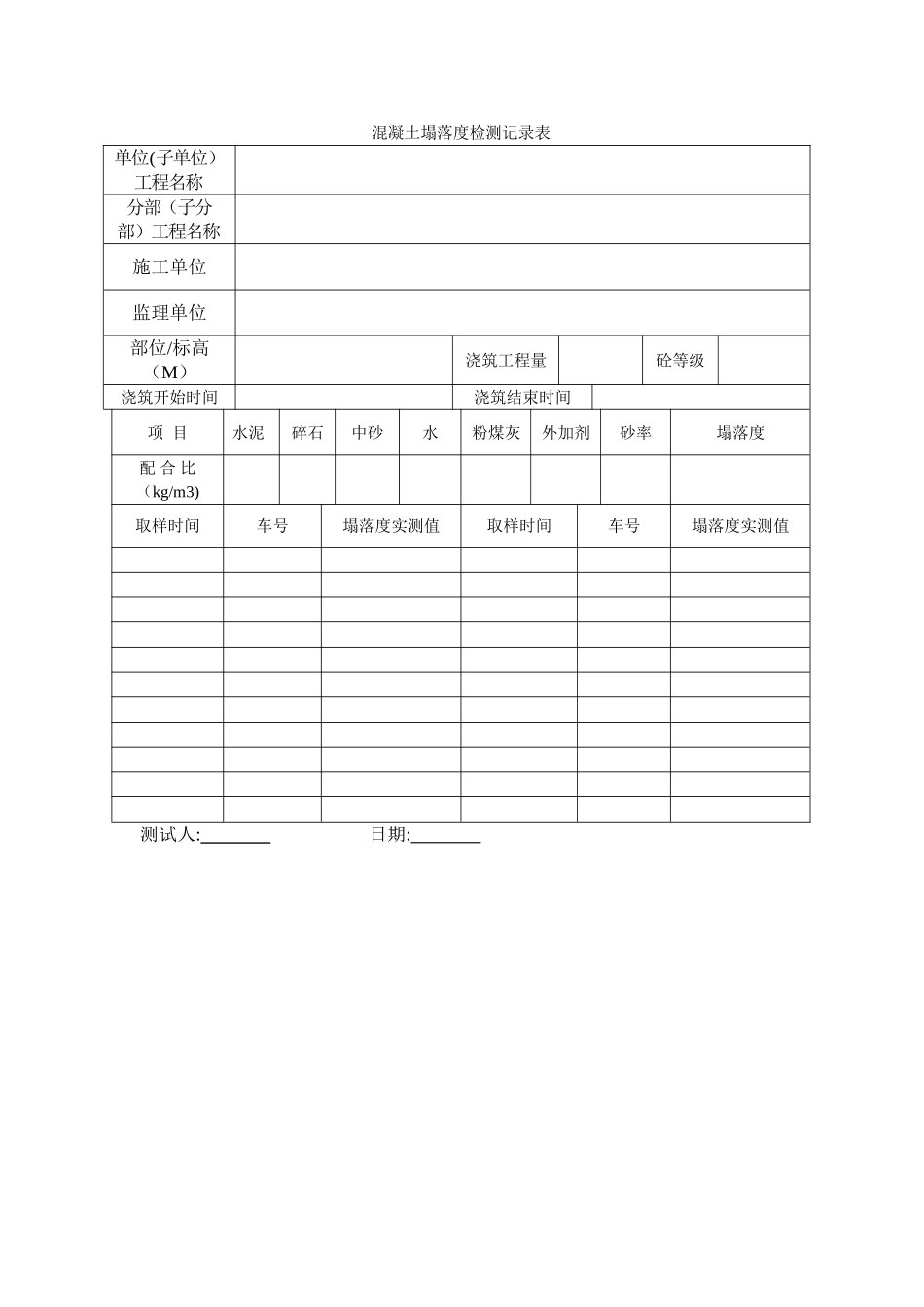 混凝土塌落度记录表_第1页