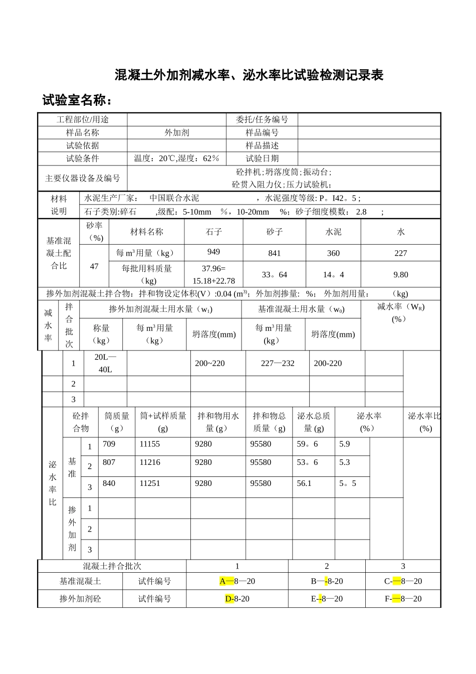 混凝土外加剂减水率、泌水率比试验检测记录表_第1页