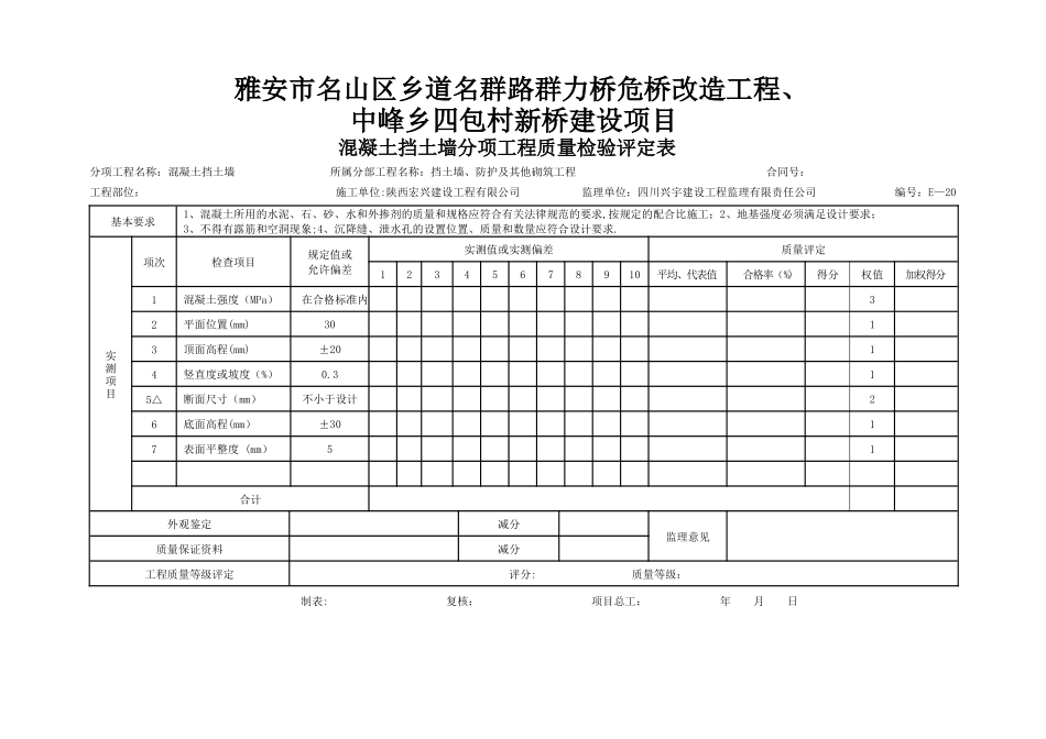 混凝土挡土墙质量检验评定表_第1页