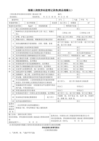 混凝土浇筑旁站监理记录表(商品混凝土)