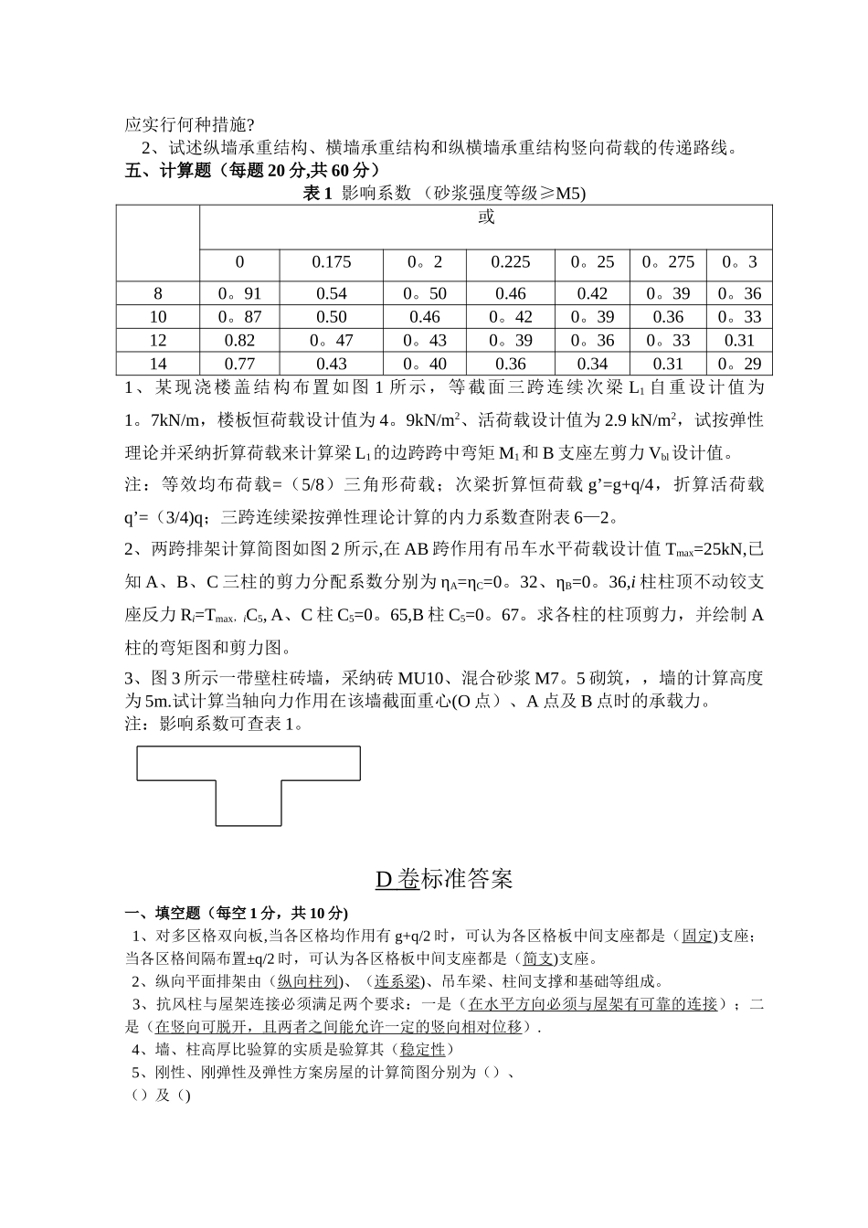 混凝土结构与砌体结构设计试卷D及答案.doc_第2页