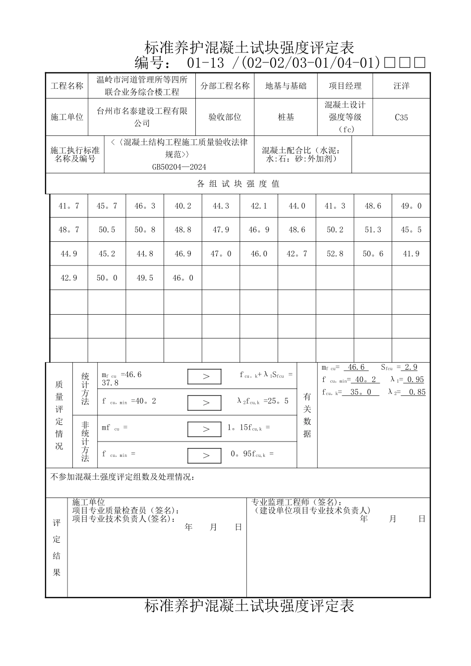 混凝土试块强度评定表_第1页