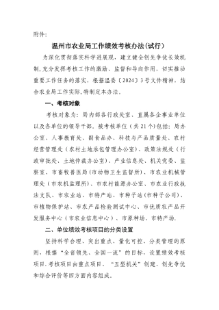 温州市农业局工作绩效考核办法
