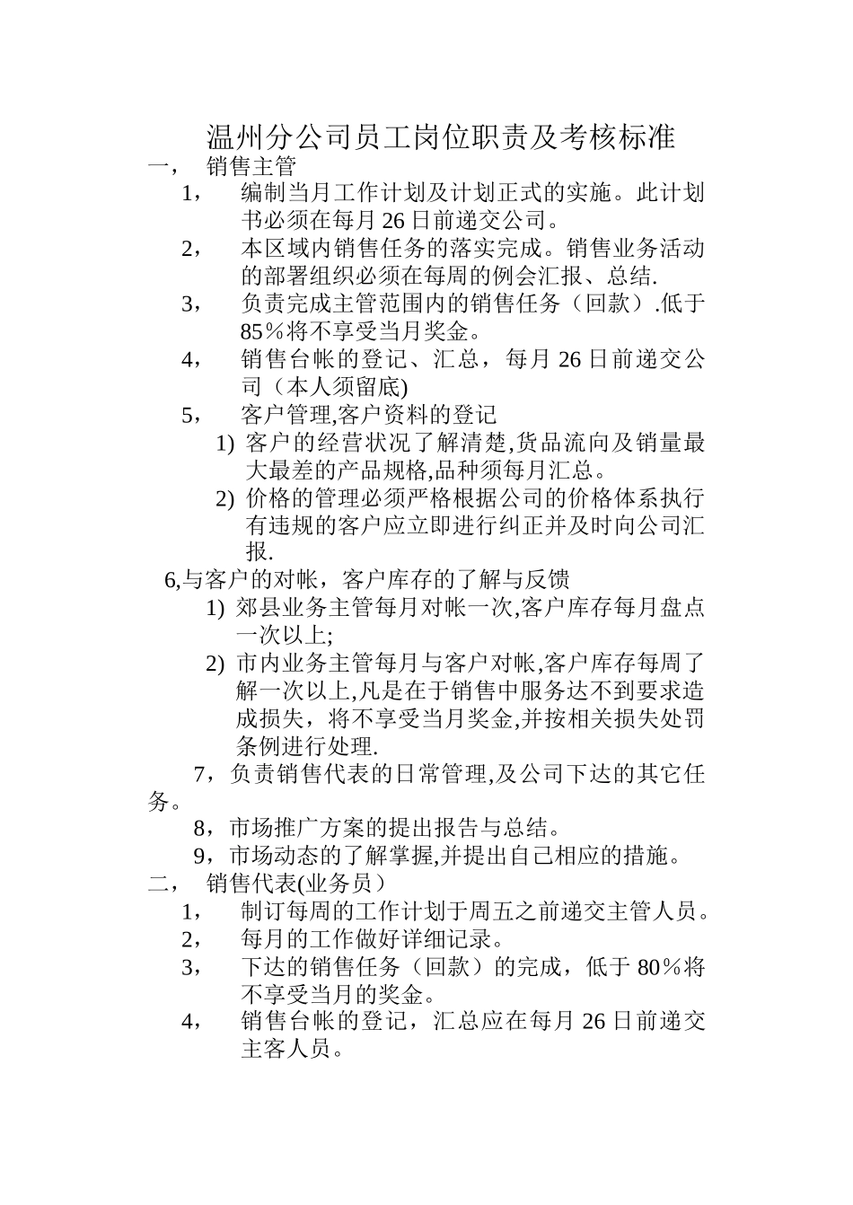 温州市场部员工岗位职责及考核标准_第1页