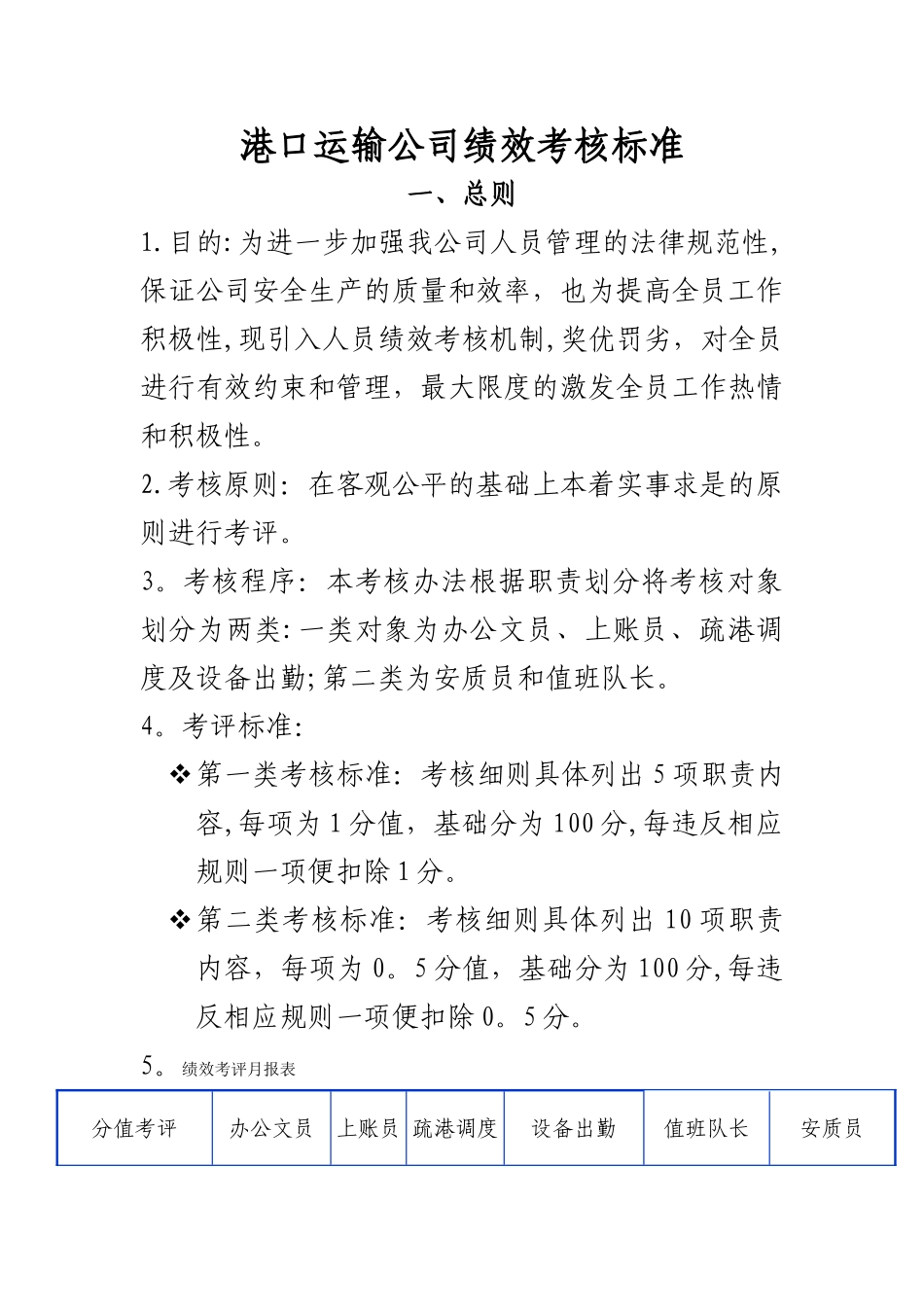 港口运输公司绩效考核标准_第1页