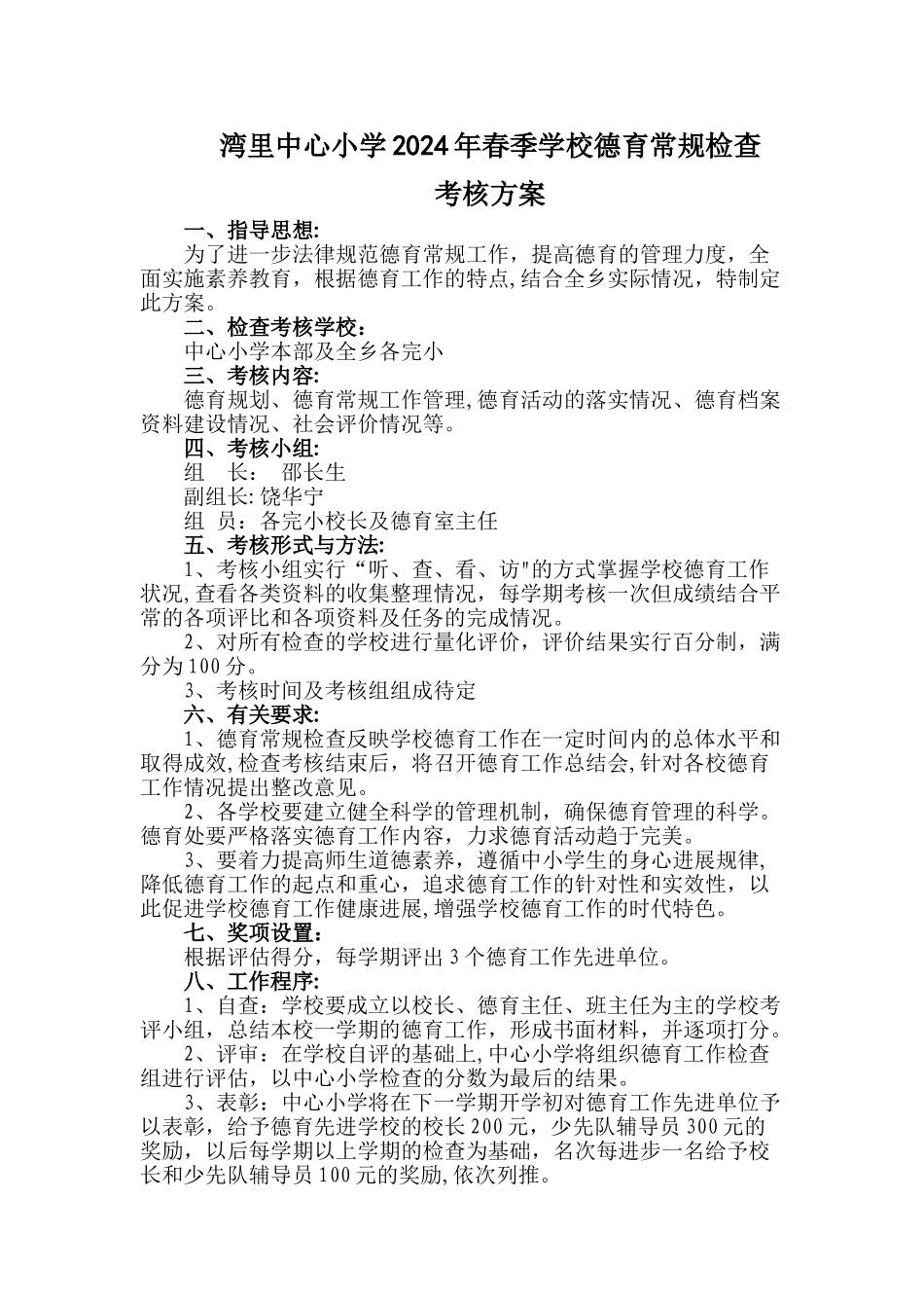 湾里中心小学德育常规检查考核方案_第1页