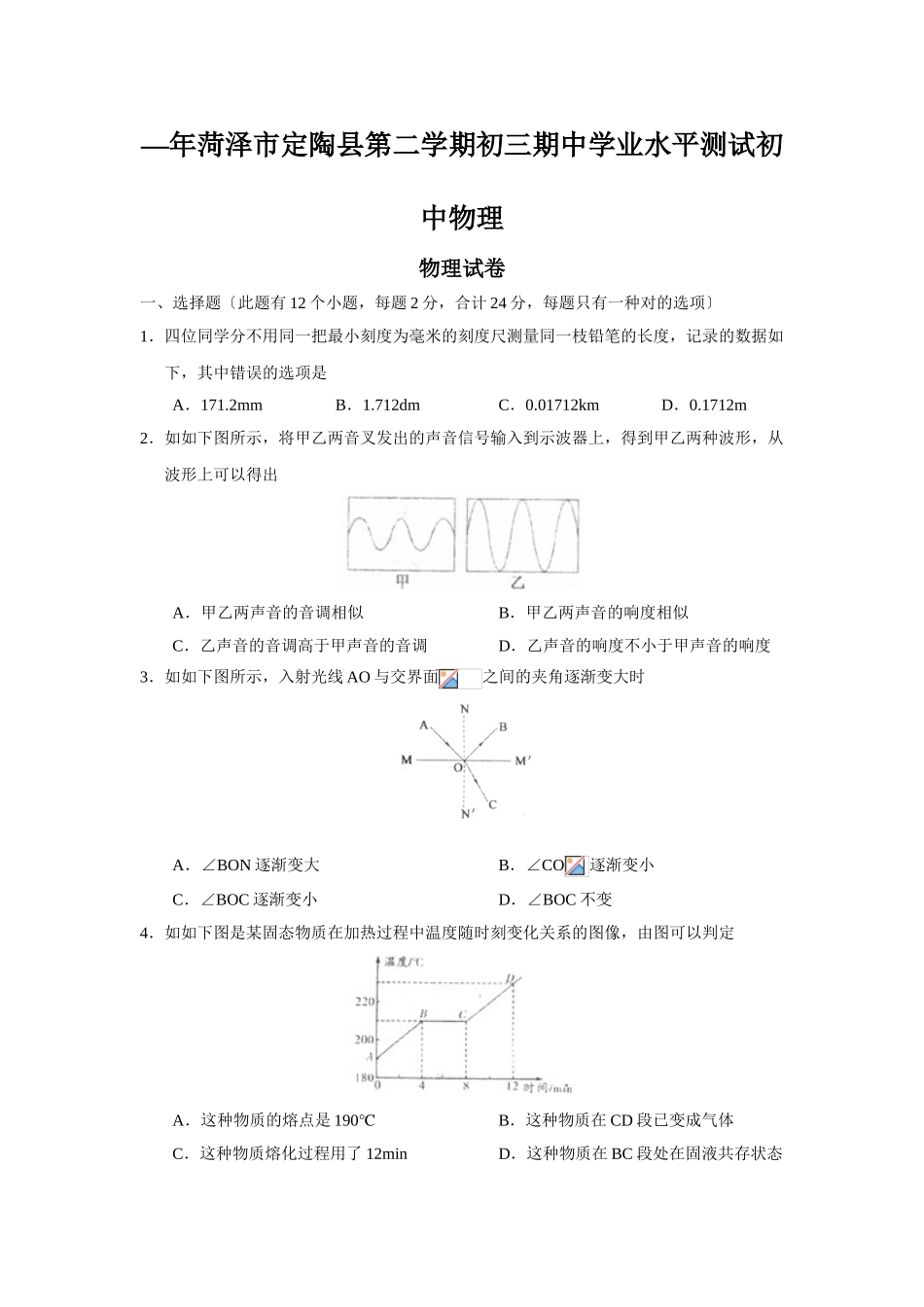 2025年—菏泽市定陶县第二学期初三期中学业水平测试初中物理_第1页