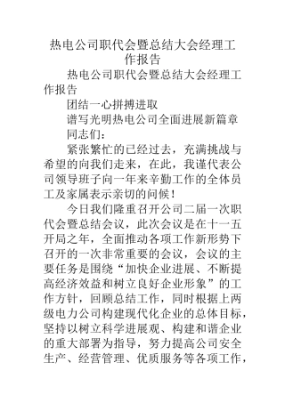 热电公司职代会暨总结大会经理工作报告