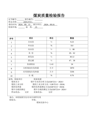 煤炭质量检验报告