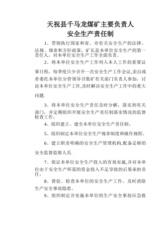 煤矿主要负责人安全生产责任制