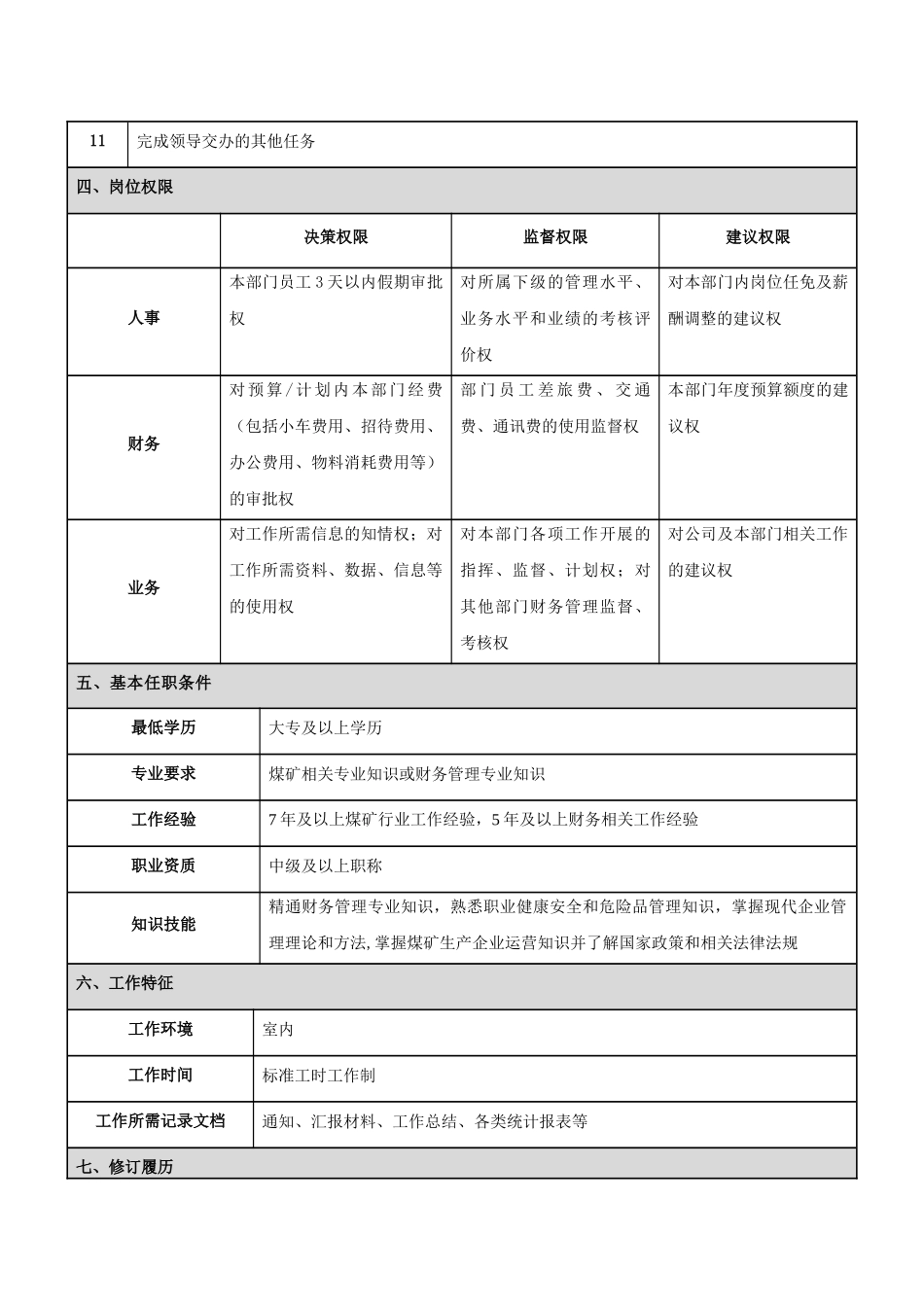 煤矿企业财务资产部岗位说明书_第2页