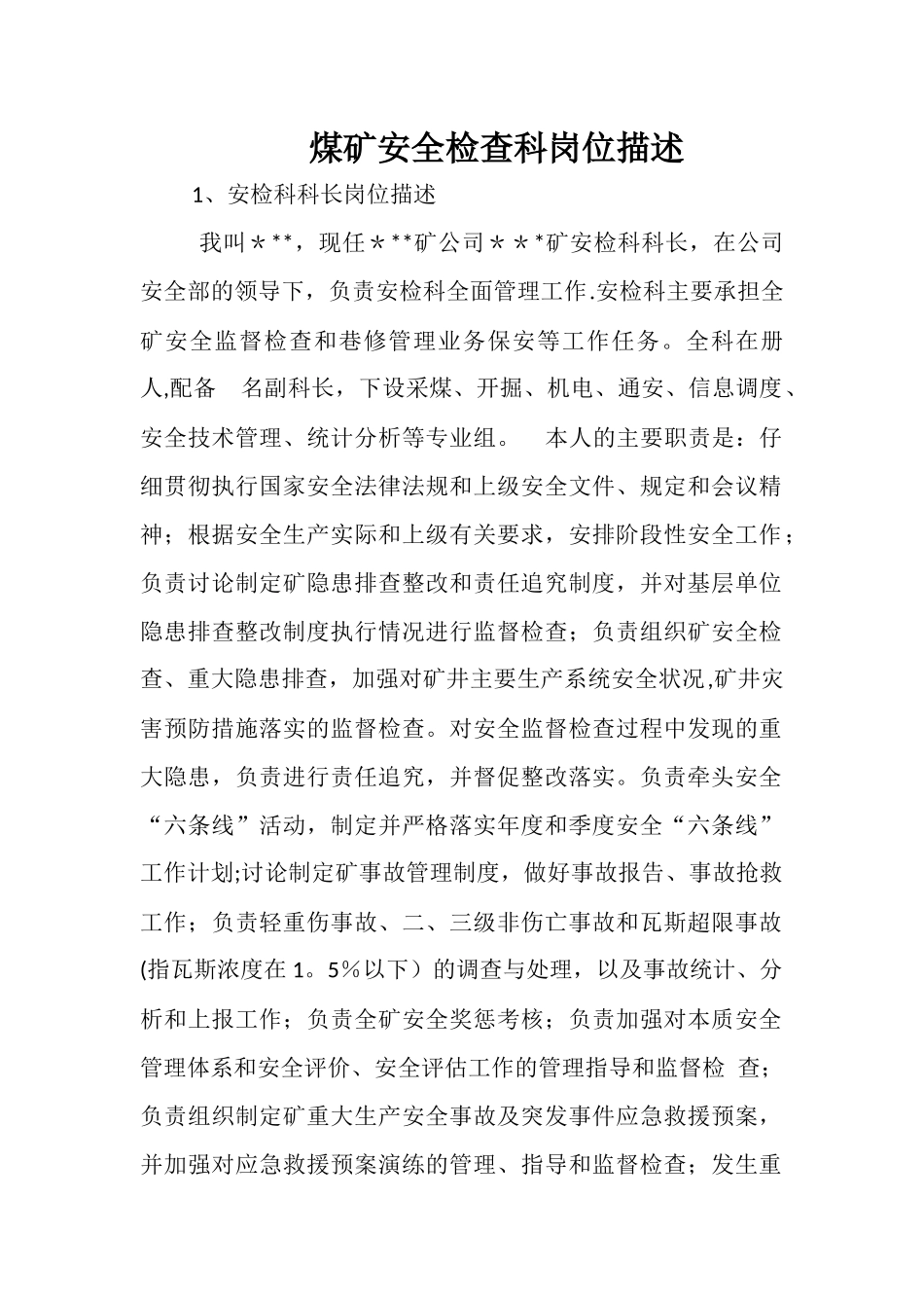 煤矿安全检查科各岗位人员岗位描述-1_第1页