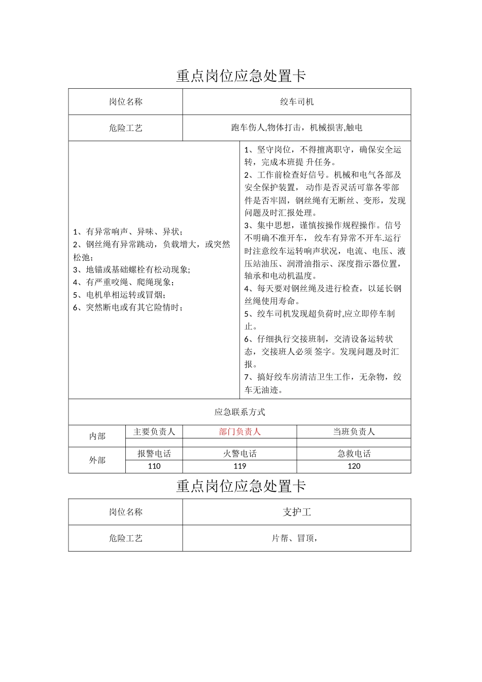 煤矿重点岗位应急处置卡_第1页