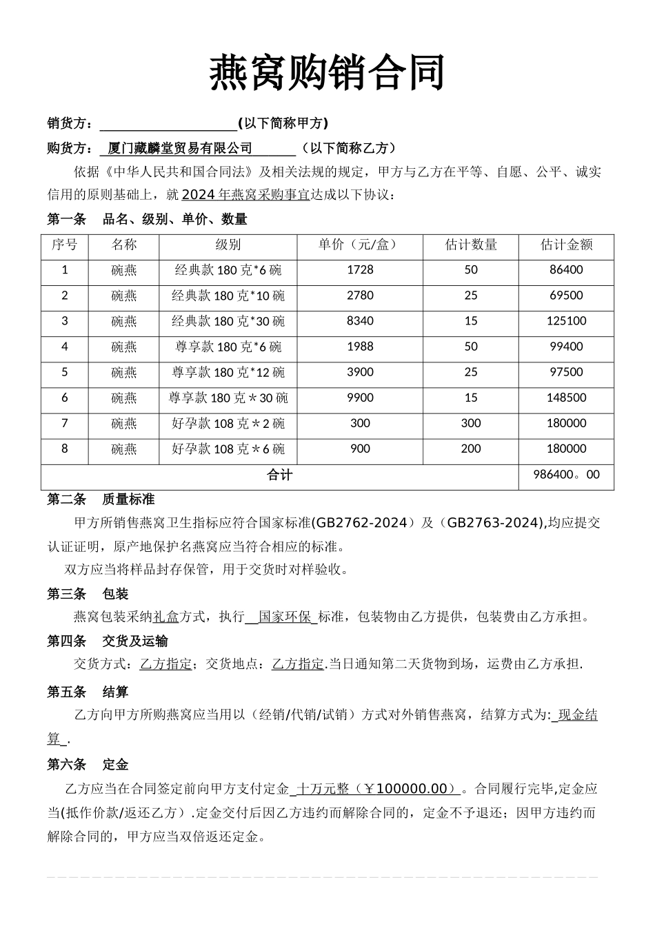 燕窝购销合同书_第1页