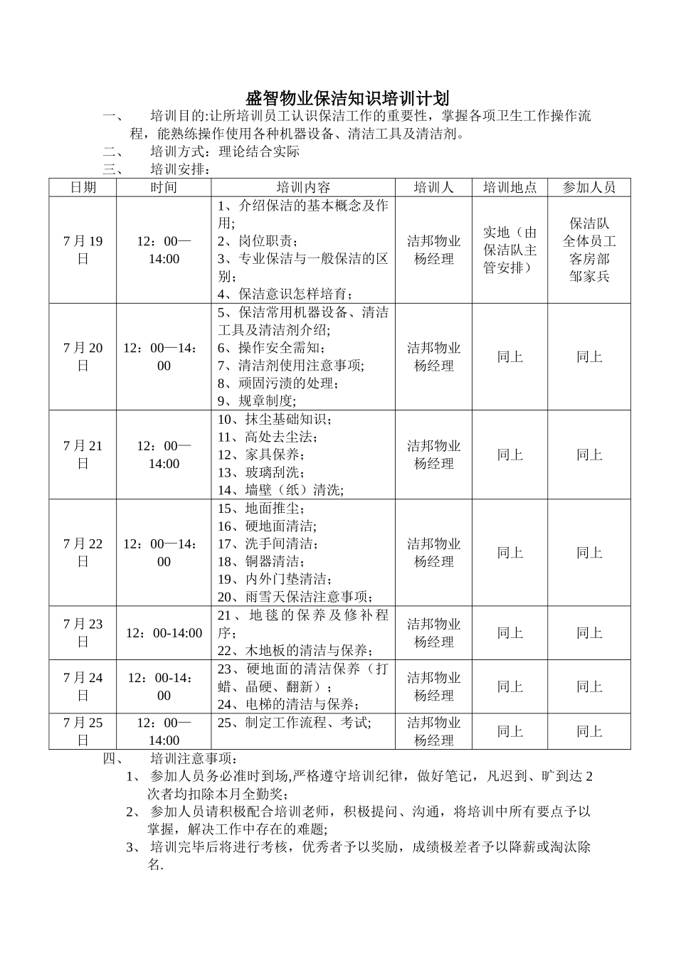 物业保洁知识培训计划表_第1页