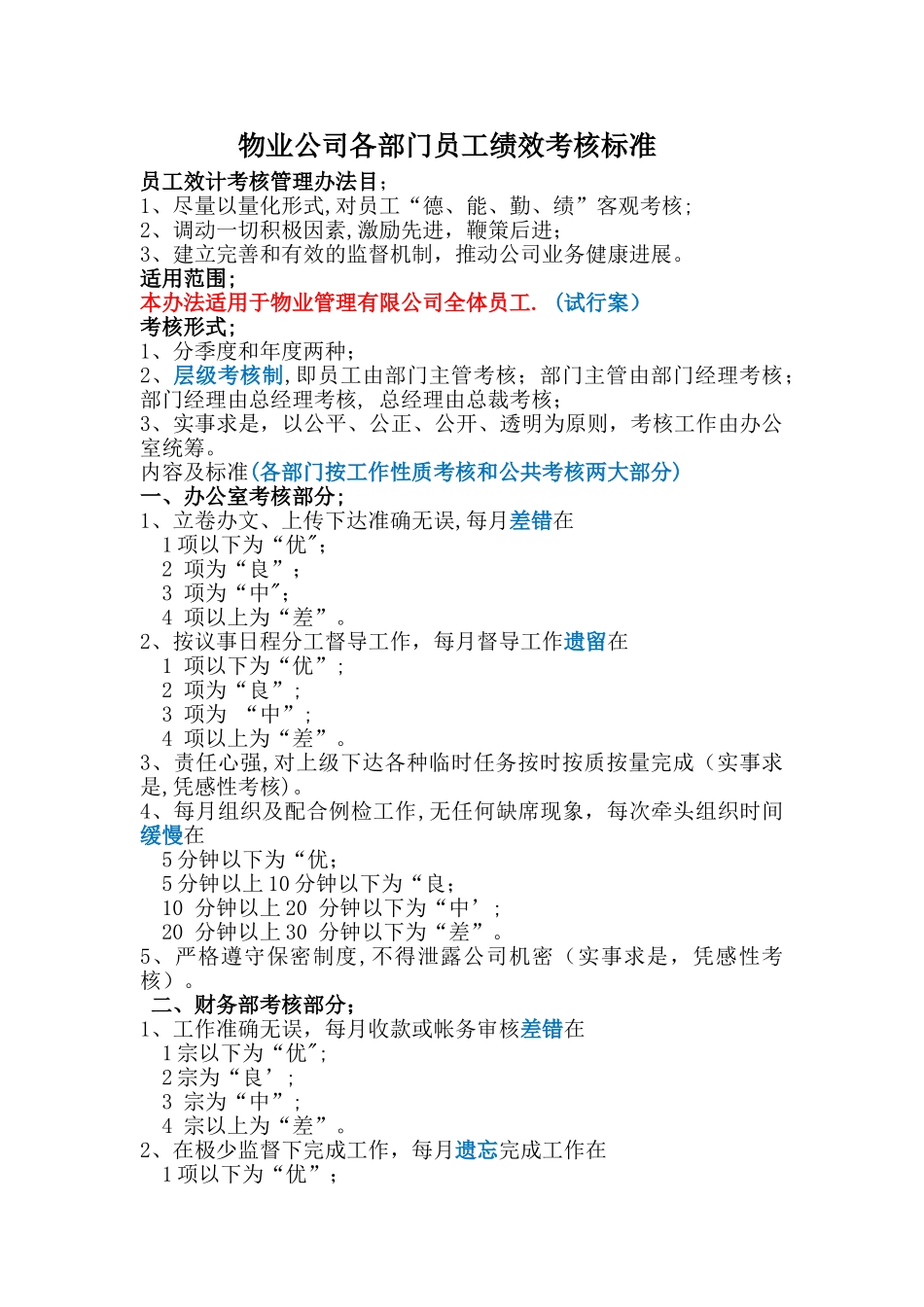 物业公司各部门员工绩效考核标准_第1页