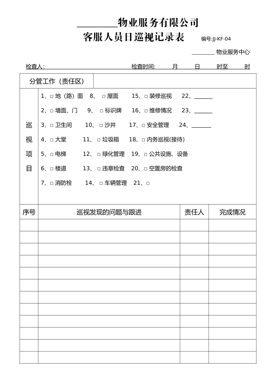 物业公司客服人员日巡视记录表_第1页