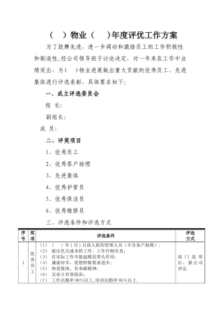 物业公司年度评优工作方案