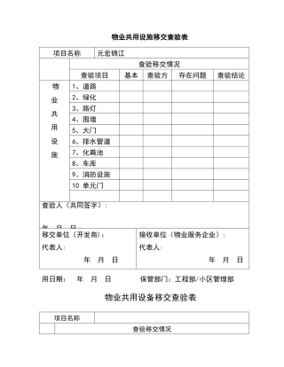 物业共用设施移交查验表
