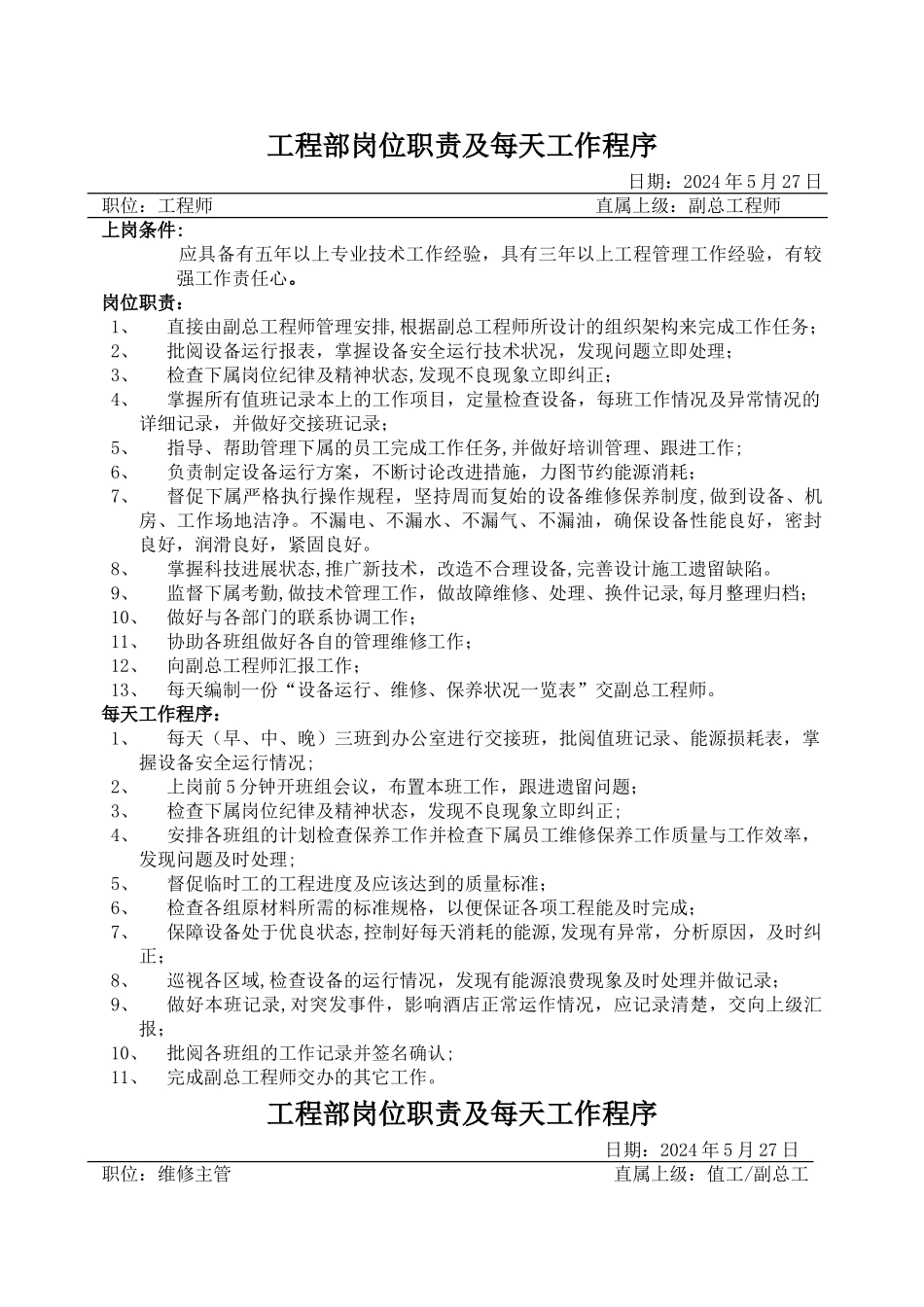 物业工程部岗位职责及每天工作程序_第1页