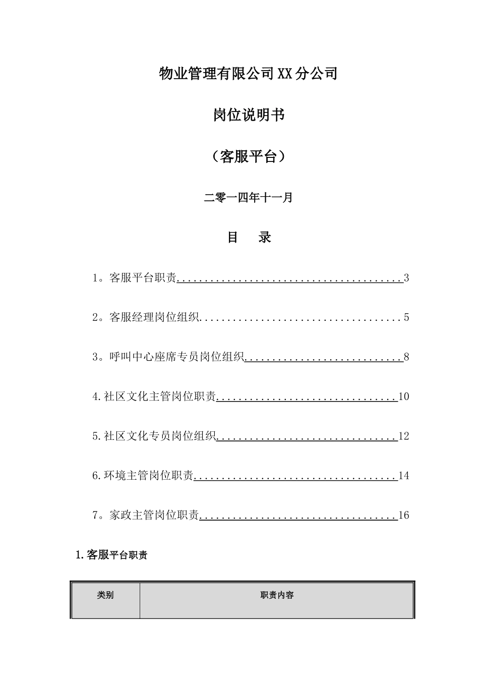 物业管理客户服务平台岗位说明书_第1页