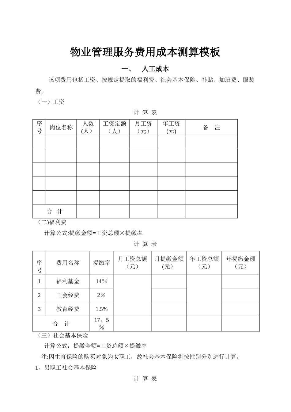 物业管理服务费用成本测算模板_第1页