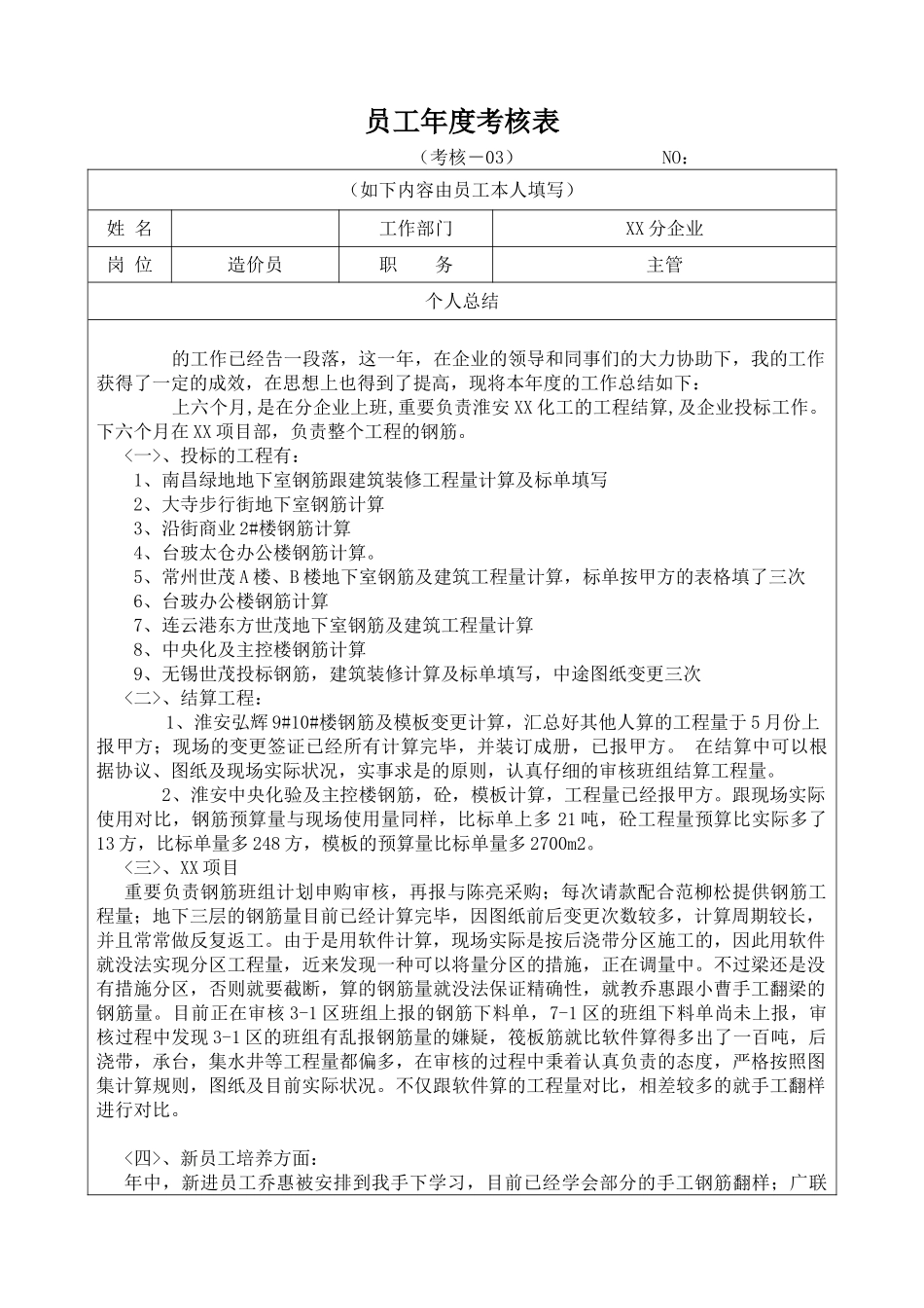 2025年造价员年度考核个人总结含考核表_第1页