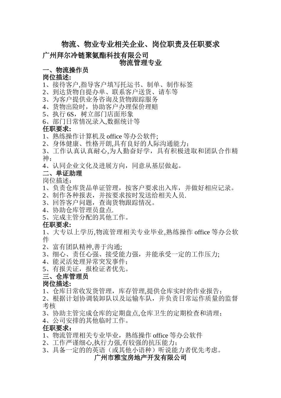 物流、物业专业企业、岗位职责及任职要求_第1页