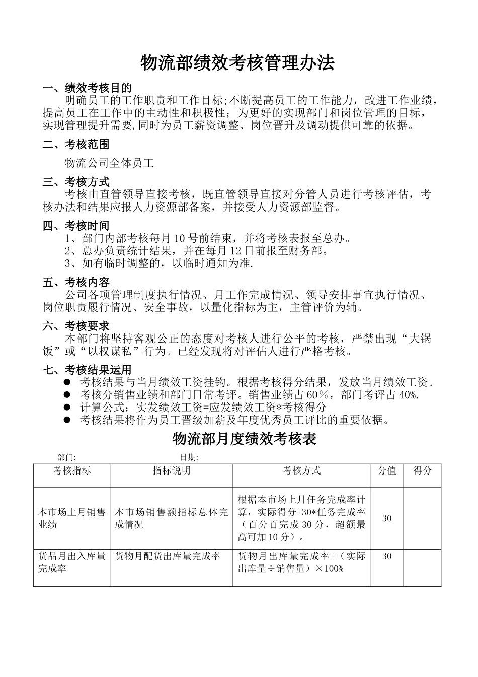 物流部绩效考核管理办法_第1页