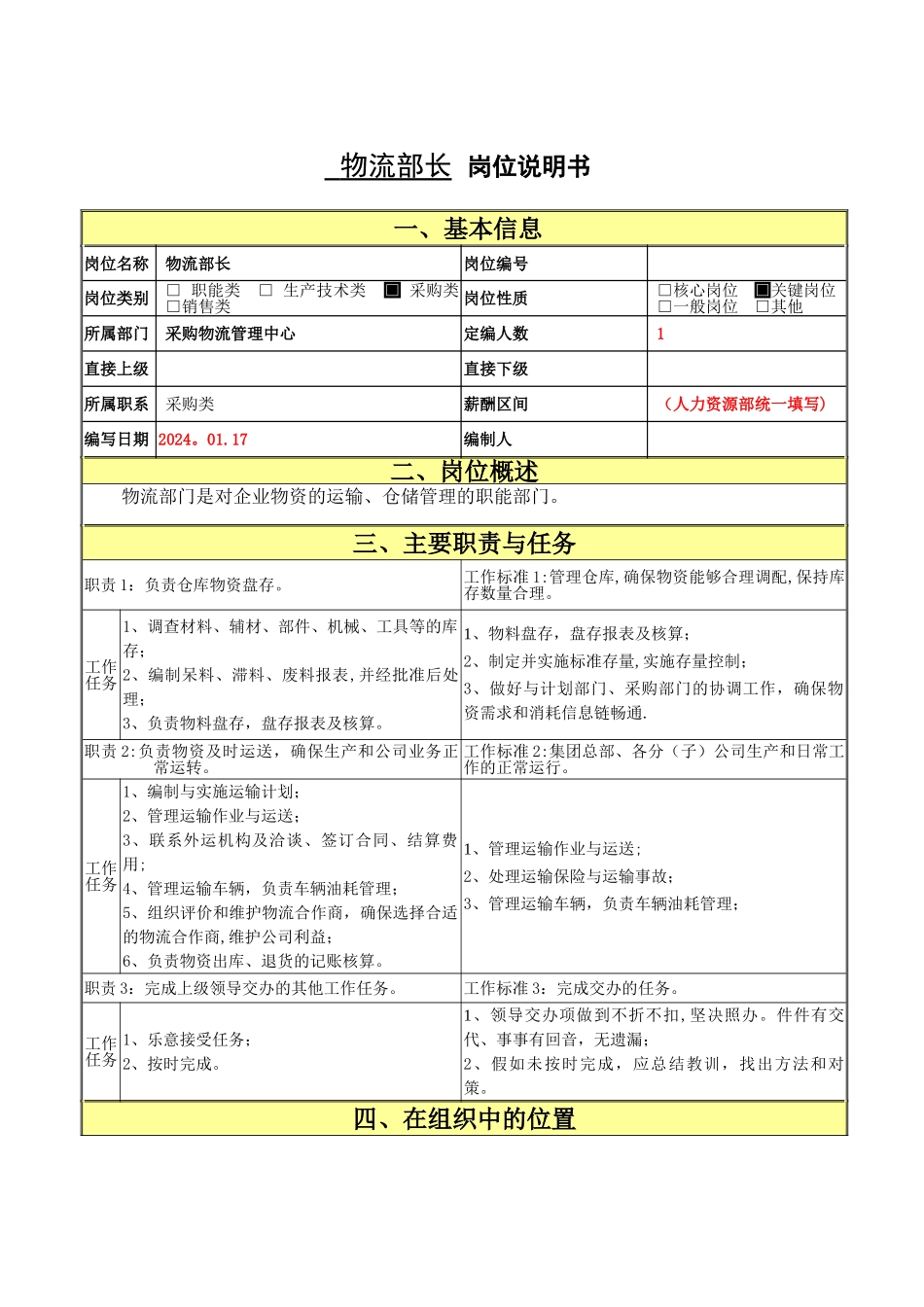 物流部长岗位职责说明书_第1页