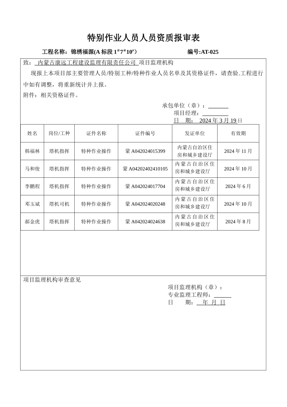 特殊作业人员人员资质报审表_第1页