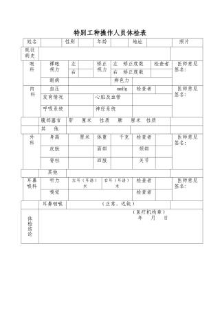 特殊工种操作人员体检表