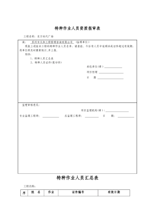 特种作业人员资质报审表