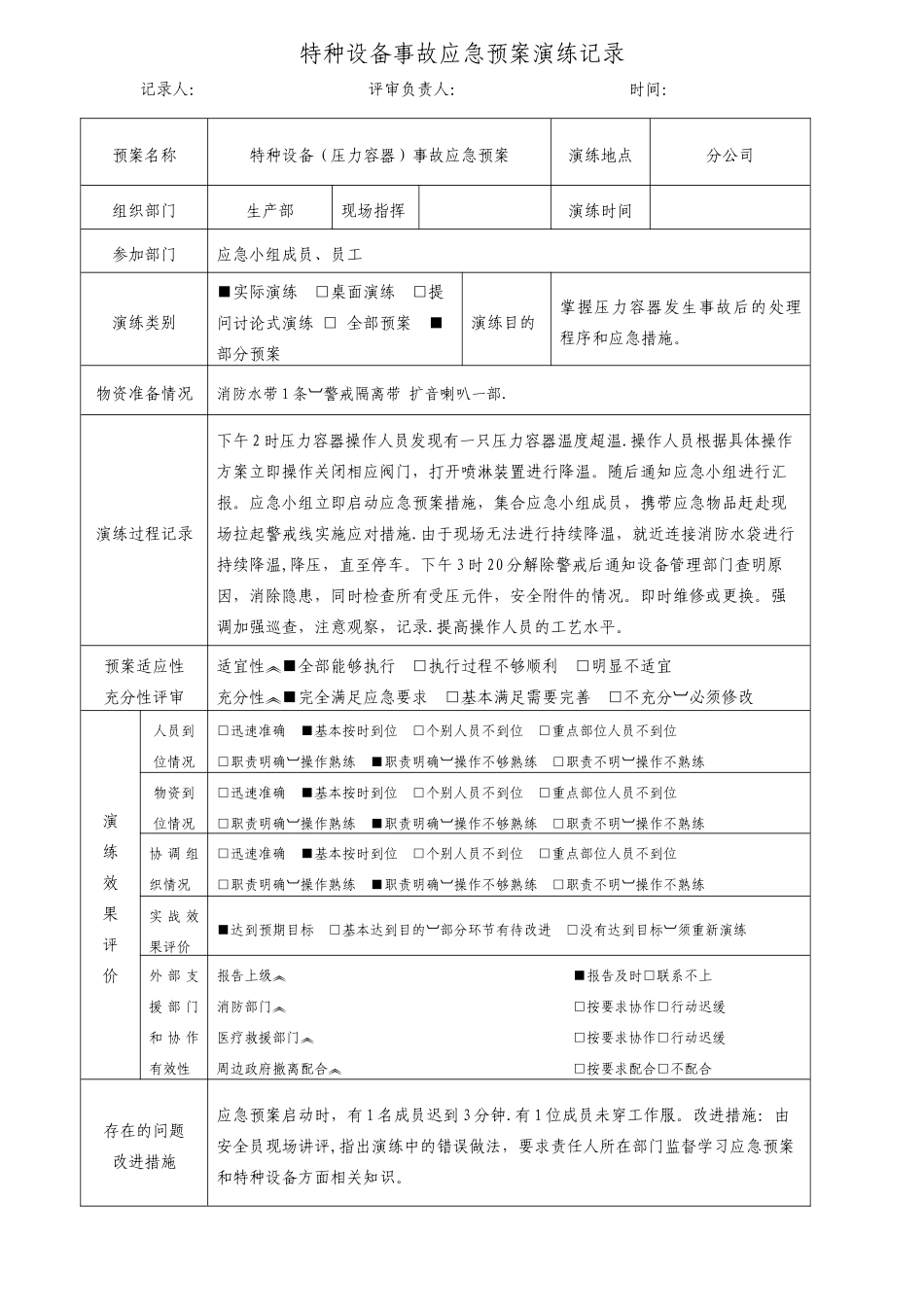 特种设备事故(压力容器)应急预案演练记录_第1页