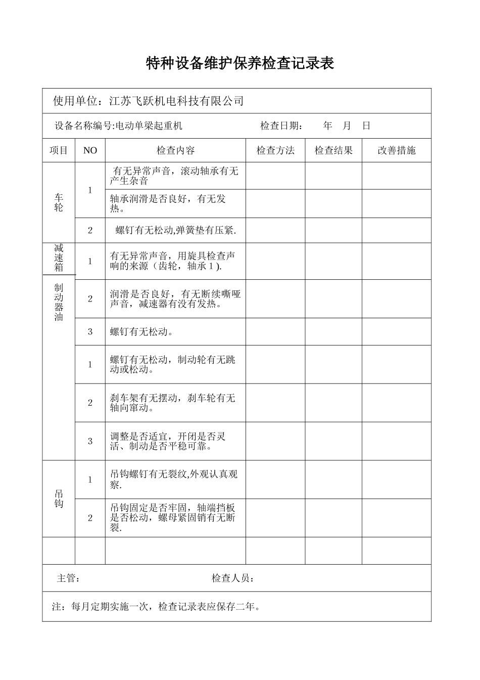 特种设备维护保养检查记录表_第1页