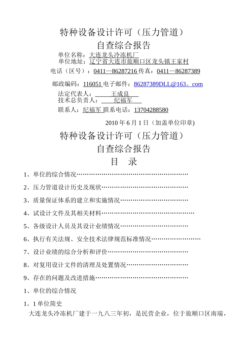 特种设备设计许可压力管道自查综合报告_第1页