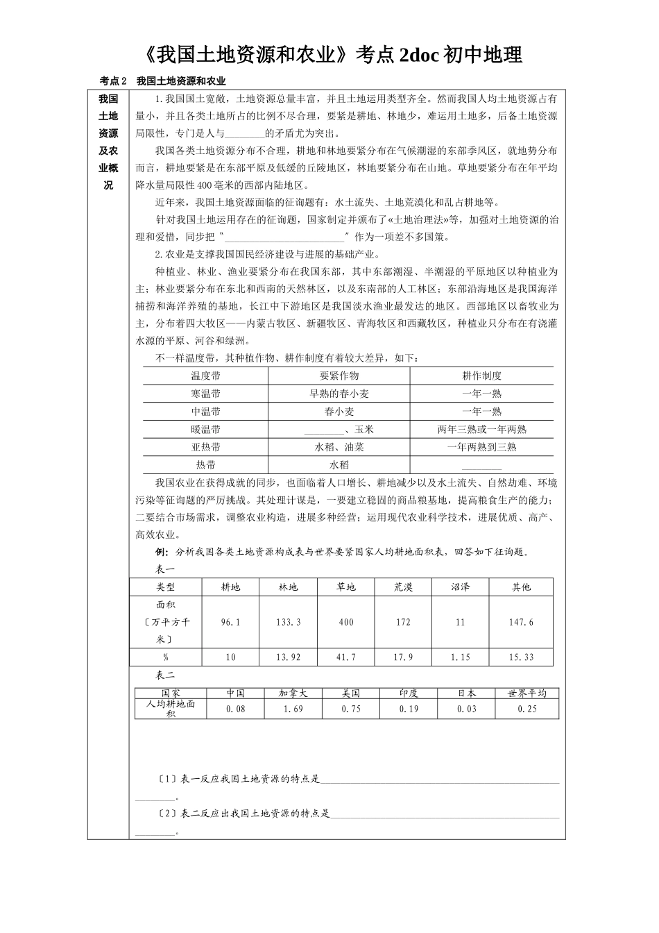 2025年《我国土地资源和农业》考点2初中地理_第1页