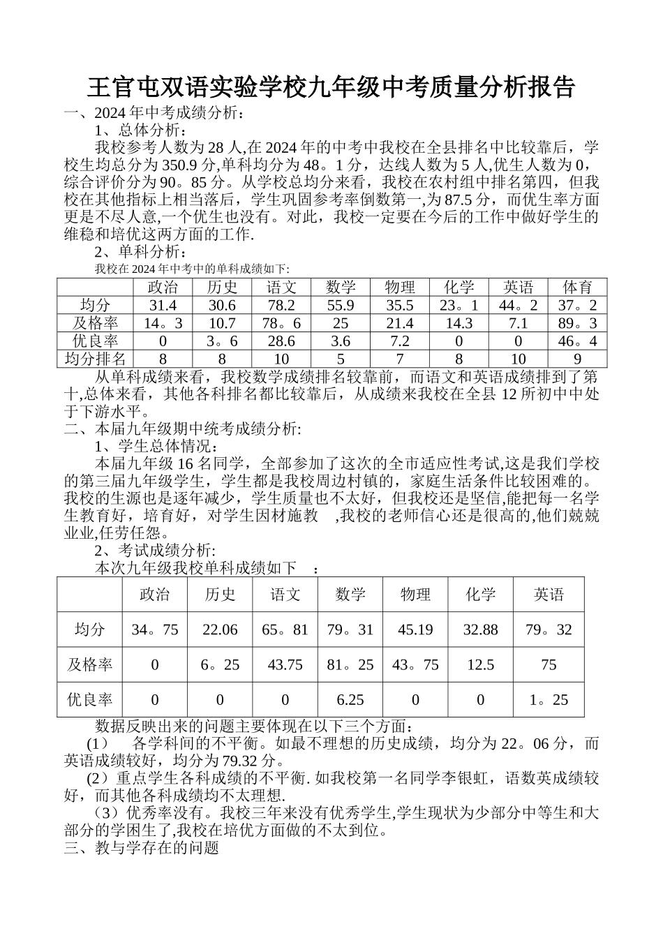 王官屯双语实验学校九年级中考质量分析报告_第1页