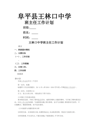 王林口中学班主任工作计划和主要内容