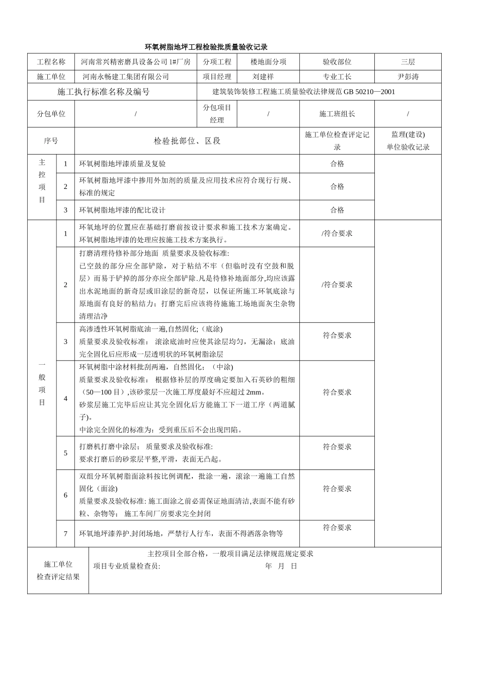环氧地坪分项工程检验批质量验收记录c_第1页