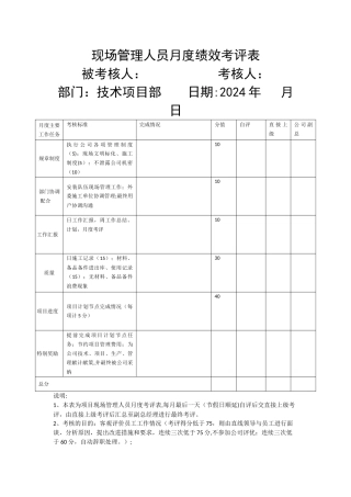 现场管理人员绩效考核表