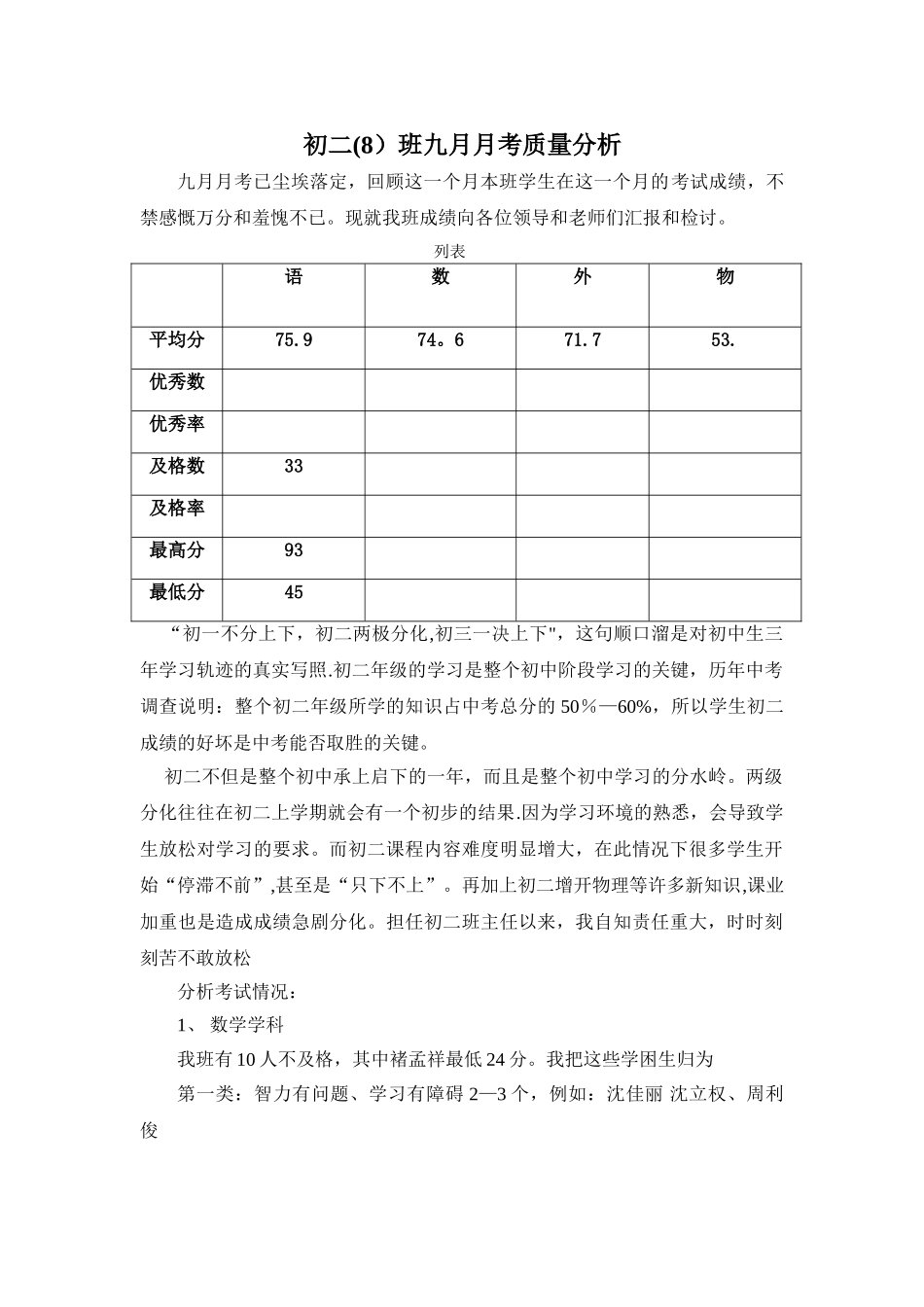 班级月考质量分析_第1页