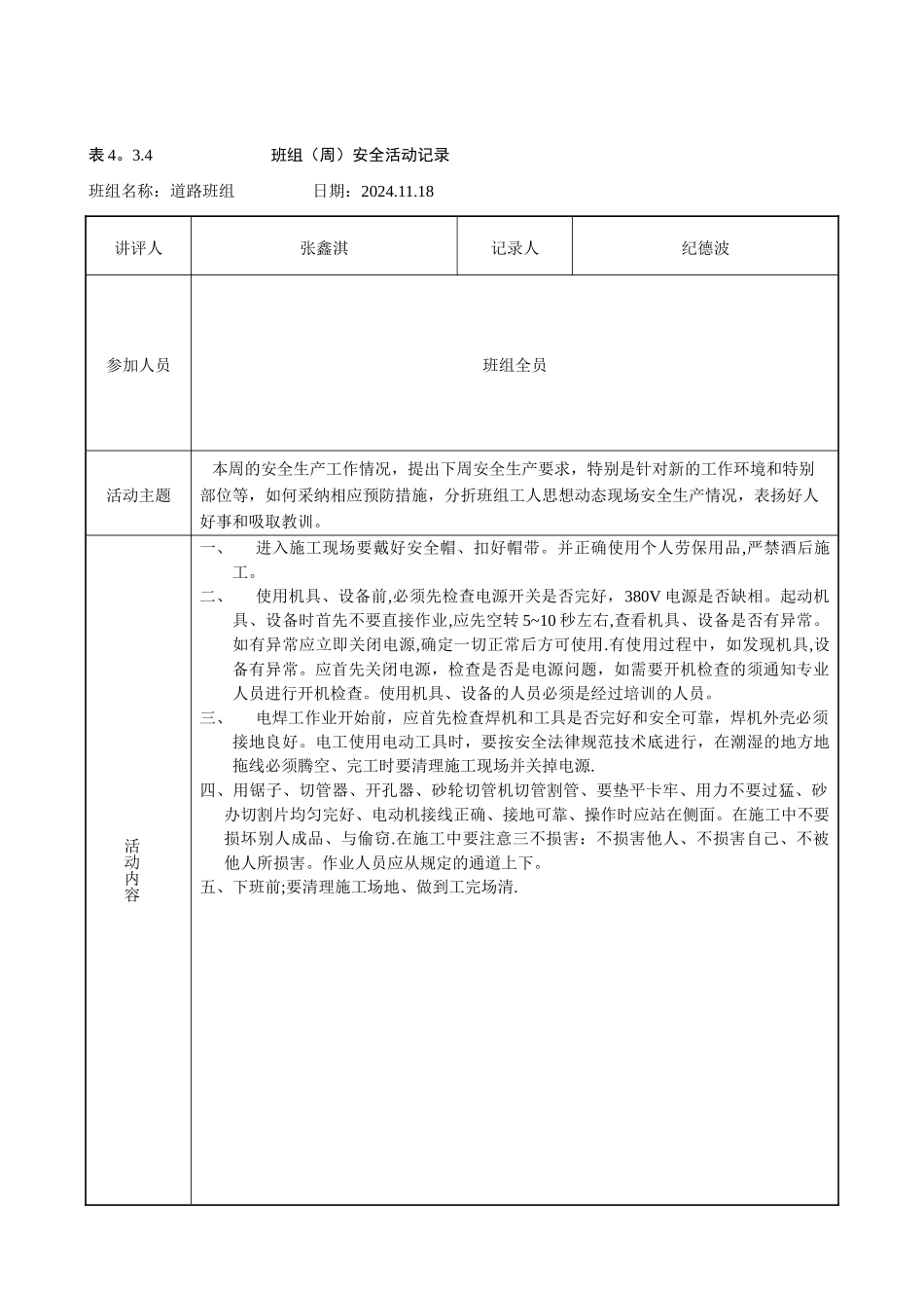 班组周安全活动记录(整理)_第2页