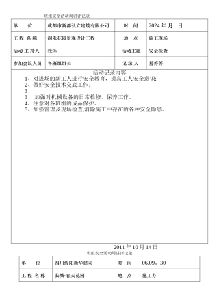 班组安全活动周讲评记录