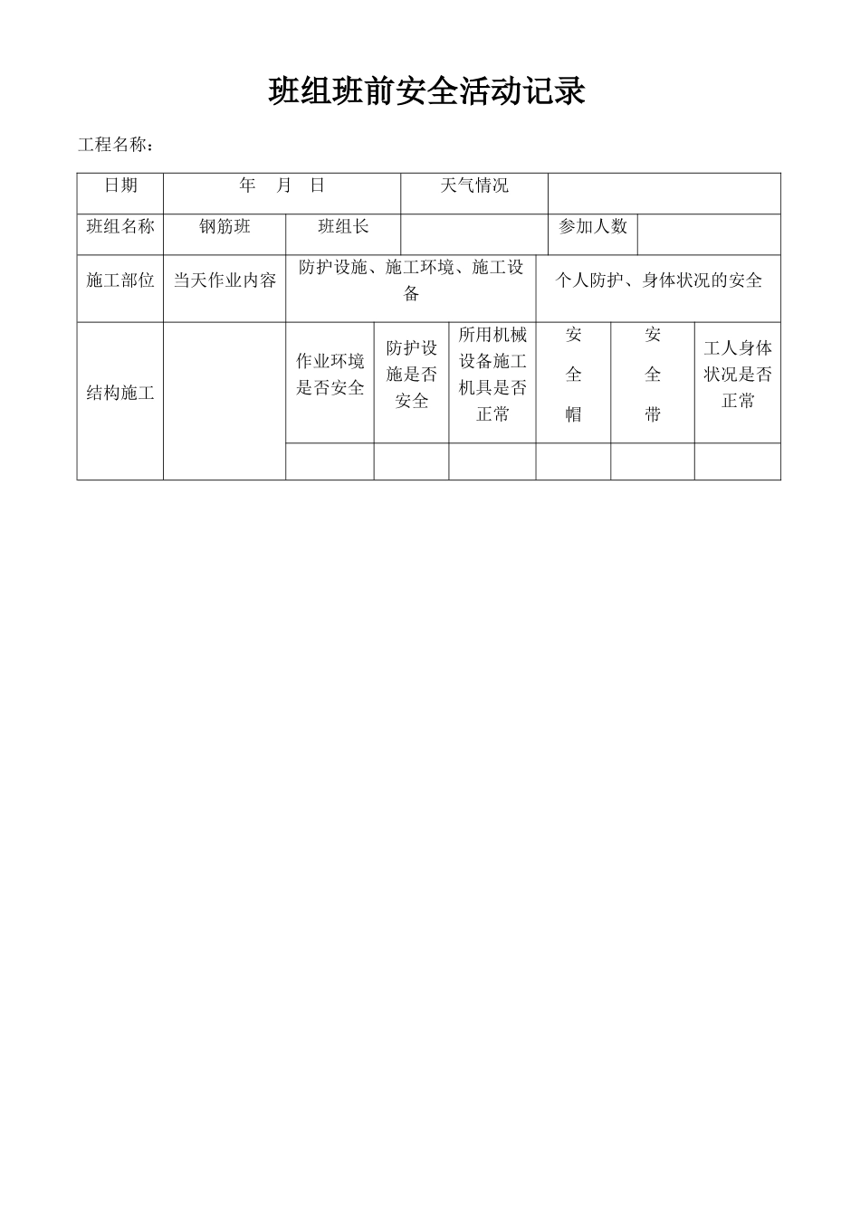 班组班前安全活动记录(钢筋工)_第1页