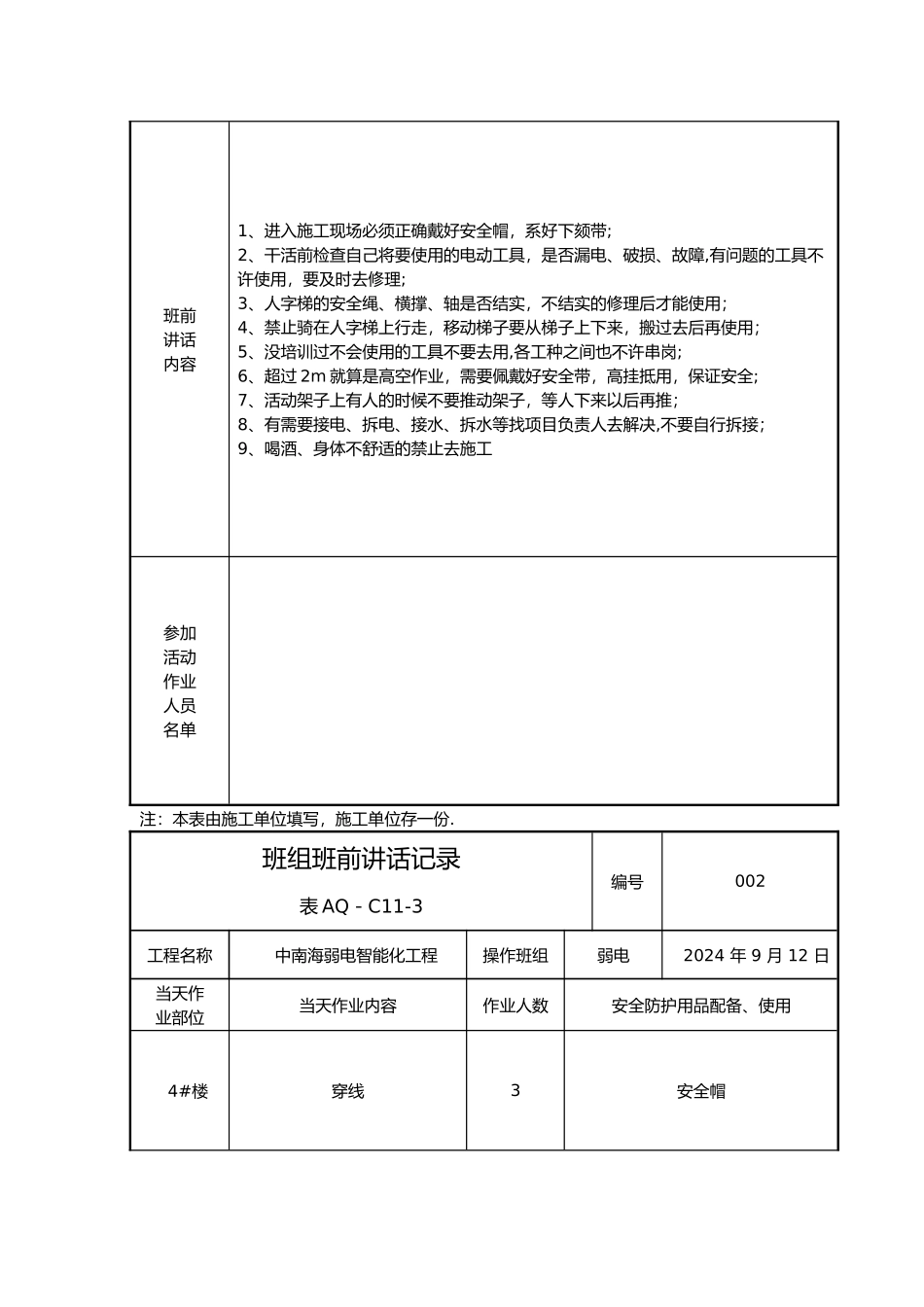 班组班前安全活动记录文本_第2页